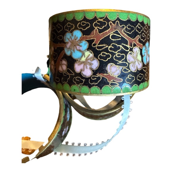 Cloisonné Napkin Rings - Black Floral, Enamel and Brass with Turquoise Interior - Picture 3 of 3
